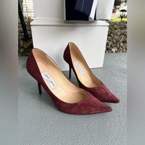 JIMMY CHOO Burgundy Suede Heels Pointed Toe Pumps